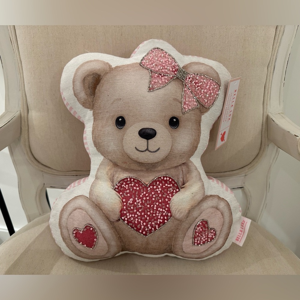 NWT Bella Lux Teddy Bear Pillow with Beaded Sequin Heart & Bow